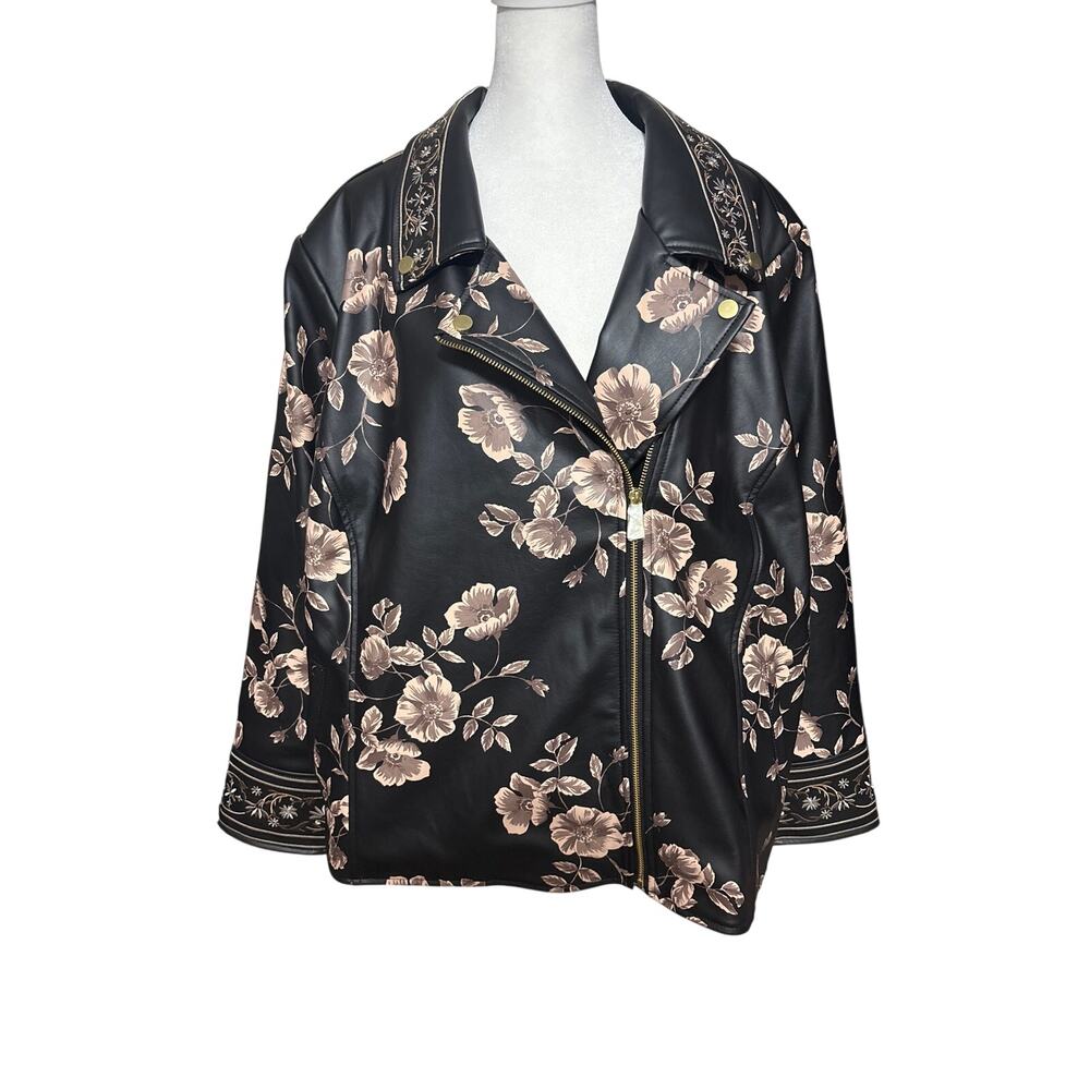Chic Colleen Lopez Floral Faux Leather Moto Jacket - Size 3X